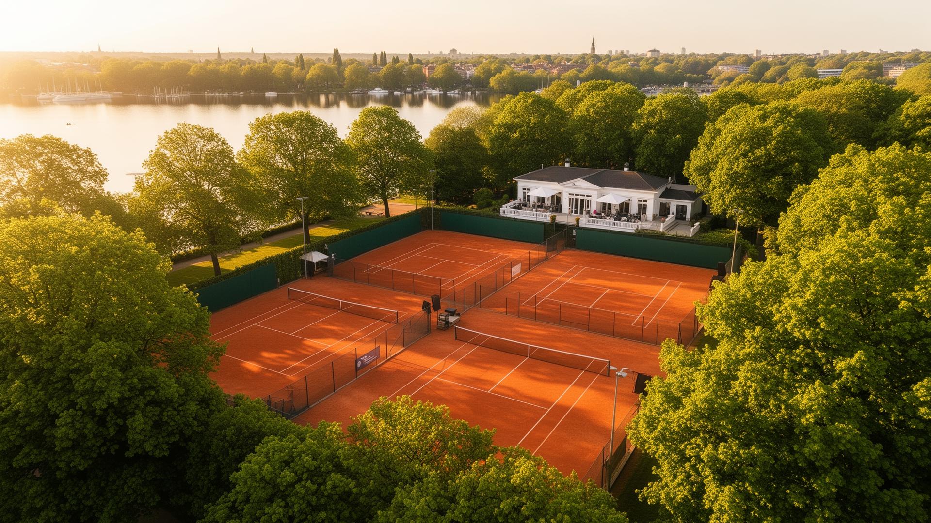 Tennisanlage des TC Alsterblick mit Blick auf die Plätze und das Clubhaus